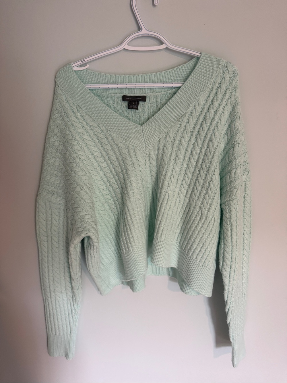 French Connection Mint Green Cable V-Neck Sweater